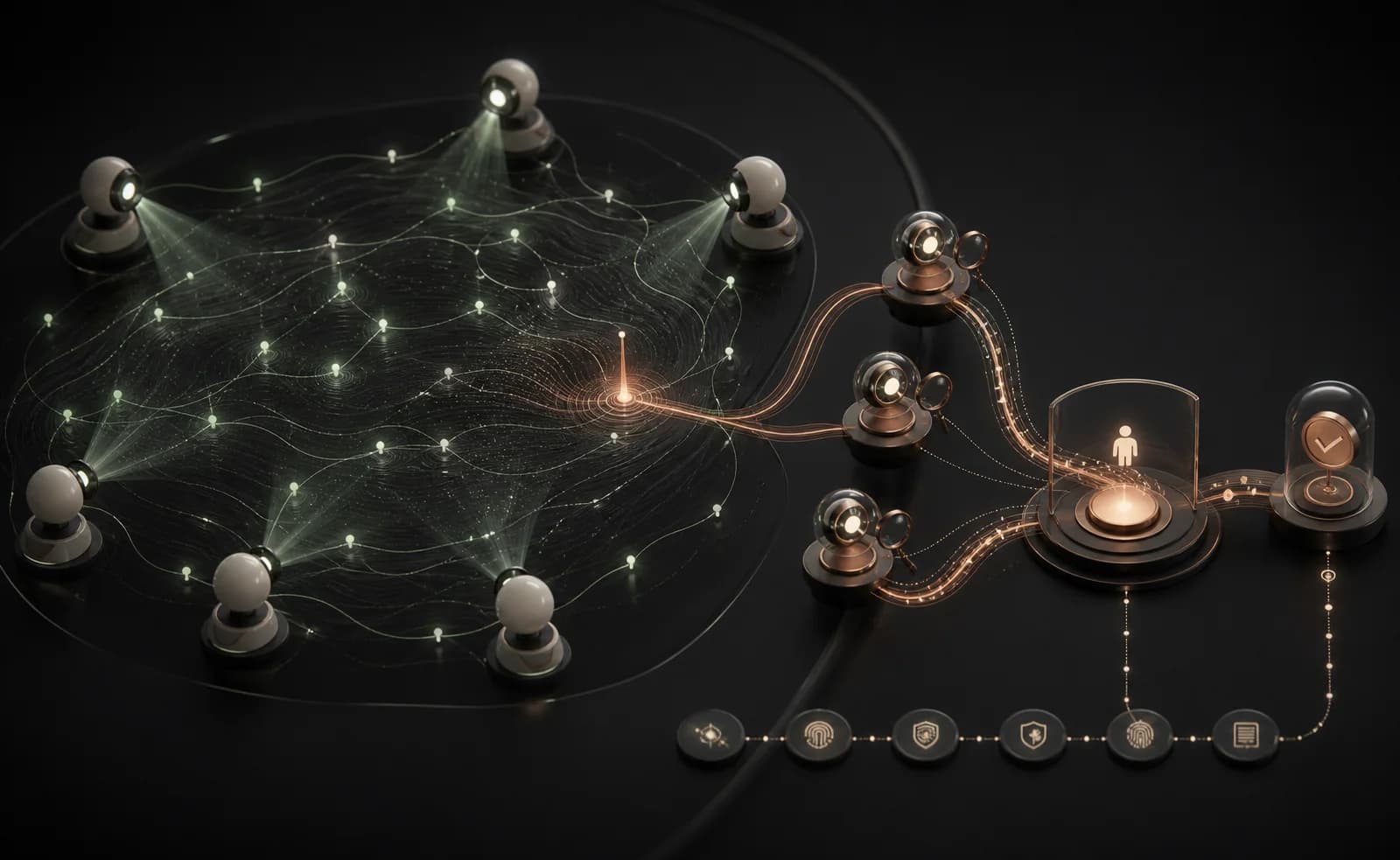 Monitoring agents detecting one exception and routing evidence through a human approval checkpoint.
